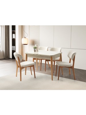 Viento Mobilya Atina Kum Beji Renk Highgloss Açılır 110X70 Masa 6 Adet Aras Calve Kumaş Naturel Iskelet Sandalye Masa Takımı