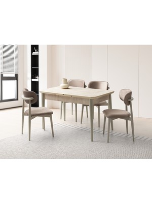 Viento Mobilya Kelebek Tekno Kenar Traverten Desen Mdf Açılır 130X80 Masa 6 Adet Ahşap Polo Babyface Kumaş Cappicino Iskelet Sandalye Masa Takımı