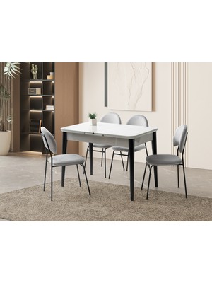 Viento Mobilya Kelebek Tekno Kenar Açık Gri Renk Highgloss Açılır 110X70 Masa 4 Adet Suna Babyface Kumaş Siyah Metal Iskelet Sandalye Masa Takımı