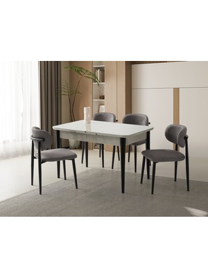 Viento Mobilya Kelebek Tekno Kenar Açık Gri Renk Highgloss Açılır 130X80 Masa 6 Adet Metal Polo Puffy Kumaş Siyah Iskelet Sandalye Masa Takımı