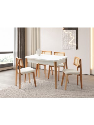 Viento Mobilya Kelebek Tekno Kenar Kar Beyaz Renk Highgloss Açılır 110X70 Masa 6 Adet Zion Calve Kumaş Naturel Ahşap Iskelet Sandalye Masa Takımı