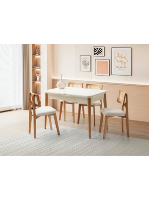 Viento Mobilya Atina Aytaşı Renk Highgloss Açılır 110X70 Masa 4 Adet Zion Calve Kumaş Naturel Iskelet Sandalye Masa Takımı