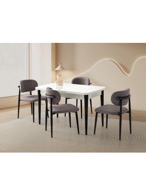 Viento Mobilya Kelebek Beyaz Renk Açılır 130X75 Masa 6 Adet Metal Polo Puffy Kumaş Siyah Metal Iskelet Sandalye Masa Takımı