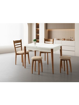 Viento Mobilya Kelebek Beyaz Renk Açılır 110X70 Masa 2 Adet Arya Sandalye 2 Adet Arya Tabure Ares Kumaş Ceviz Iskelet Masa Takımı
