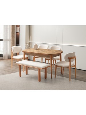 Viento Mobilya Kelebek Kaşıklıklı Çam Desen Açılır 140X80 Masa 4 Adet Ahşap Polo Sandalye 1 Adet Bohem Bench Puffy Kumaş Naturel Iskelet Masa Takımı