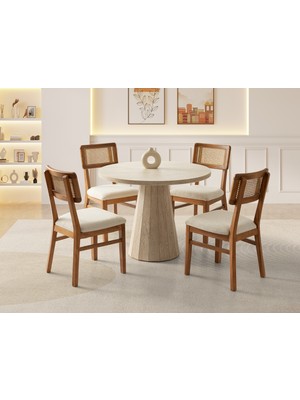 Viento Mobilya Orkide Yuvarlak Traverten Desen Mdf Sabit 100X100 Masa 4 Adet Lizbon Calve Kumaş Ceviz Ahşap Iskelet Sandalye Masa Takımı