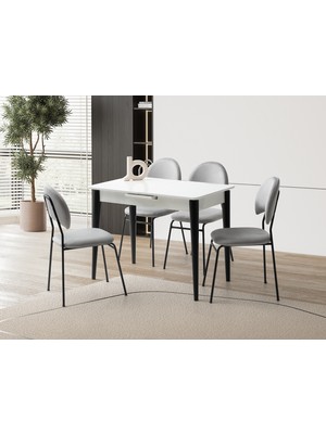 Viento Mobilya Madrid Kar Beyaz Renk Highgloss Açılır 100X60 Masa 4 Adet Suna Babyface Kumaş Siyah Metal Iskelet Sandalye Masa Takımı