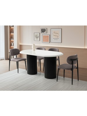 Viento Mobilya Stella Kar Beyaz Highgloss Renk Açılır 160X90 Masa 8 Adet Metal Polo Puffy Kumaş Siyah  Iskelet Sandalye Masa Takımı