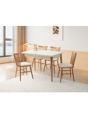 Viento Mobilya Kelebek Tekno Kenar Aytaşı Renk Highgloss Açılır 110X70 Masa 4 Adet Sempati Puffy Kumaş Naturel Ahşap Iskelet Sandalye Masa Takımı