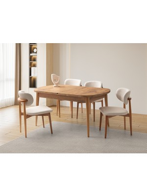 Viento Mobilya Kelebek Çam Desen Açılır 160X90 Masa 8 Adet Ahşap Polo Puffy Kumaş Naturel Iskelet Sandalye Masa Takımı