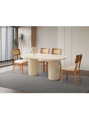 Viento Mobilya Orkide Traverten Desen Mdf Sabit 170X90 Masa 8 Adet Lizbon Calve Kumaş Ahşap  Ceviz Iskelet Sandalye Masa Takımı
