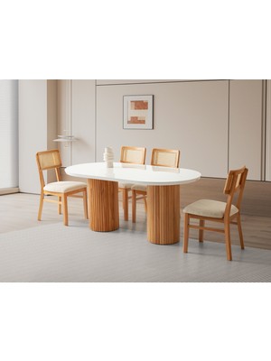 Viento Mobilya Orkide Kar Beyaz Renk Highgloss Sabit 170X90 Masa 8 Adet Lizbon Calve Kumaş Naturel Iskelet Sandalye Masa Takımı