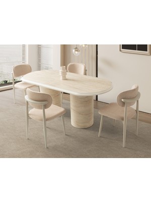 Viento Mobilya Stella Traverten Desen Mdf Açılır 160X90 Masa 8 Adet Ahşap Polo Puffy Kumaş Cappicino Iskelet Sandalye Masa Takımı