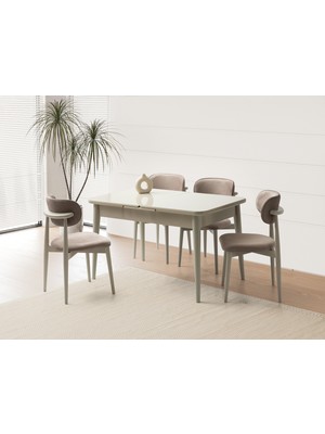Viento Mobilya Atina Kum Beji Renk Highgloss Açılır 130X80 Masa 4 Adet Ahşap Polo Babyface Kumaş Cappucino Iskelet Sandalye Masa Takımı
