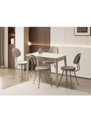 Viento Mobilya Madrid Kum Beji Renk Highgloss Açılır 100X60 Masa 6 Adet Ece Babyface Kumaş Cappicino Metal Iskelet Sandalye Masa Takımı