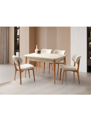 Viento Mobilya Atina Traverten Desen Mdf Açılır 130X80 Masa 6 Adet Aras Calve Kumaş Naturel Ahşap Iskelet Sandalye Masa Takımı