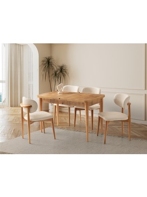 Viento Mobilya Kelebek Çam Desen Açılır 130X75 Masa 6 Adet Ahşap Polo Puffy Kumaş Naturel Ahşap Iskelet Sandalye Masa Takımı