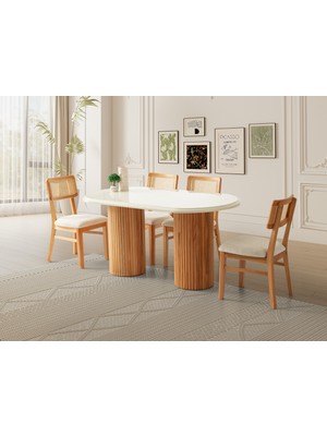 Viento Mobilya Stella Aytaşı Highgloss Renk Açılır 160X90 Masa 8 Adet Lizbon Calve Kumaş Naturel Iskelet Sandalye Masa Takımı