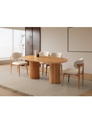 Viento Mobilya Orkide Kayın Renk Mdf Sabit 170X90 Masa 8 Adet Ahşap Polo Puffy Kumaş Naturel Iskelet Sandalye Masa Takımı