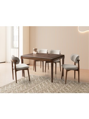 Viento Mobilya Marsilya Navara Desen Mdf Açılır 130X80 Gürgen Ceviz Kasa Masa 4 Adet Ahşap Polo Calve Kumaş Ceviz Iskelet Sandalye Masa Takımı
