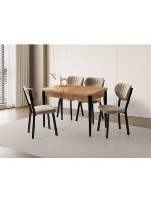 Viento Mobilya Kelebek Çam Desen Açılır 110X70 Masa 6 Adet Elma Babyface Kumaş Siyah Metal Iskelet Sandalye Masa Takımı