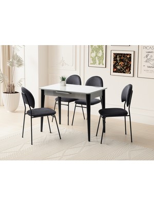 Viento Mobilya Madrid Açık Gri Renk Highgloss Açılır 100X60 Masa 6 Adet Suna Babyface Kumaş Siyah Metal Iskelet Sandalye Masa Takımı