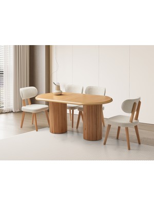 Viento Mobilya Stella Kayın Renk Mdf Açılır 160X90 Masa 6 Adet Masal Calve Kumaş Naturel Iskelet Sandalye Masa Takımı