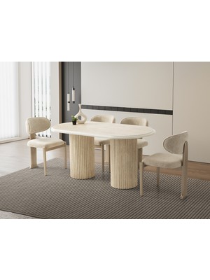 Viento Mobilya Stella Traverten Desen Mdf Açılır 160X90 Masa 6 Adet Venedik Calve Kumaş Cappucino Iskelet Sandalye Masa Takımı