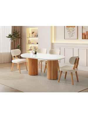 Viento Mobilya Orkide Kar Beyaz Renk Highgloss Sabit 170X90 Masa 6 Adet Masal Calve Kumaş Naturel Iskelet Sandalye Masa Takımı