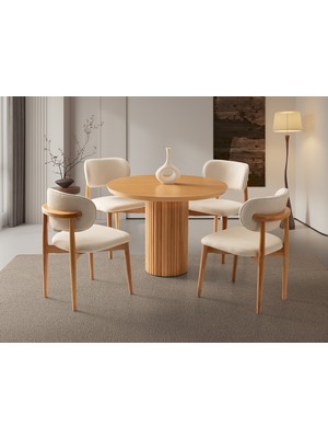 Viento Mobilya Orkide Yuvarlak Kayın Renk Mdf Sabit 100X100 Masa 6 Adet Ahşap Polo Puffy Kumaş Naturel Ahşap Iskelet Sandalye Masa Takımı