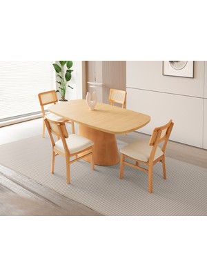 Viento Mobilya Roma Meşe Renk Mdf Sabit 170X90 Masa 8 Adet Lizbon Calve Kumaş Ahşap Naturel Iskelet Sandalye Masa Takımı