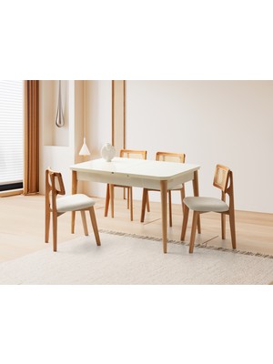 Viento Mobilya Kelebek Tekno Kenar Aytaşı Renk Highgloss Açılır 130X80 Masa 4 Adet Zion Calve Kumaş Naturel Ahşap Iskelet Sandalye Masa Takımı