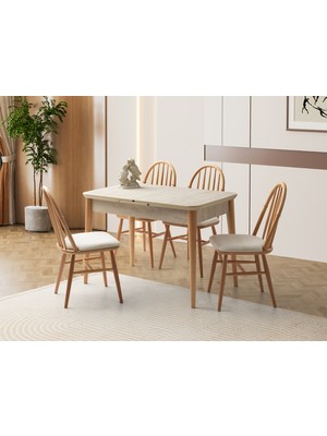 Viento Mobilya Kelebek Tekno Kenar Traverten Desen Mdf Açılır 110X70 Masa 6 Adet Bambu Calve Kumaş Naturel Ahşap Iskelet Sandalye Masa Takımı