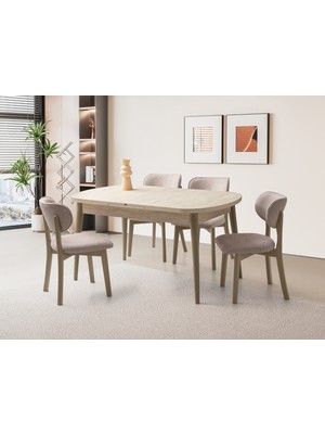 Viento Mobilya Kelebek Traverten Desen Açılır 160X90 Masa 6 Adet Aras Puffy Kumaş Cappicino Ahşap Iskelet Sandalye Masa Takımı
