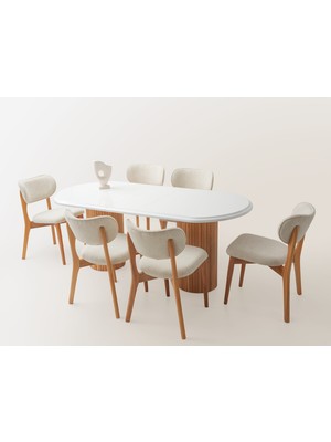 Viento Mobilya Stella Kar Beyaz Highgloss Renk Açılır 160X90 Masa 8 Adet Aras Calve Kumaş Naturel Iskelet Sandalye Masa Takımı