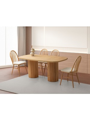 Viento Mobilya Roma Meşe Renk Mdf Sabit 170X90 Masa 6 Adet Bambu Calve Kumaş Ahşap Naturel Iskelet Sandalye Masa Takımı