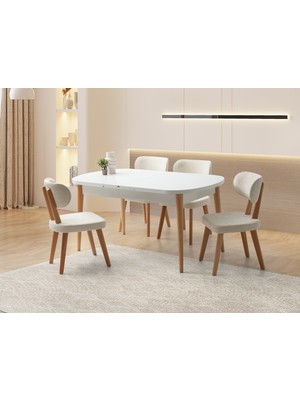 Viento Mobilya Kelebek Beyaz Renk Açılır 160X90 Masa 8 Adet Masal Calve Kumaş Naturel Ahşap Iskelet Sandalye Masa Takımı