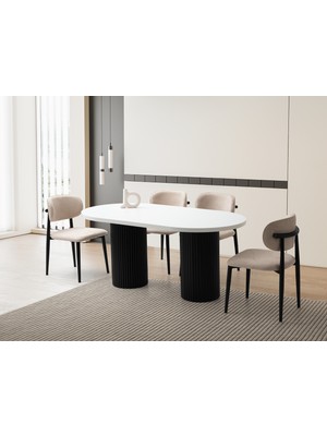 Viento Mobilya Orkide Kar Beyaz Renk Highgloss Sabit 170X90 Masa 8 Adet Metal Polo Puffy Kumaş Siyah Iskelet Sandalye Masa Takımı