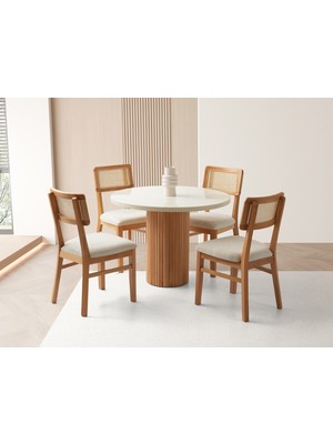 Viento Mobilya Orkide Yuvarlak Aytaşı Renk Highgloss Sabit 100X100 Masa 4 Adet Lizbon Calve Kumaş Naturel Ahşap Iskelet Sandalye Masa Takımı