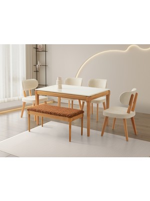 Viento Mobilya Marsilya Aytaşı Renk Highgloss Açılır 130X80 Gürgen Naturel Kasa Masa 4 Adet Masal Calve Kumaş Sandalye 1 Adet Kayra Bench Naturel Iskelet Masa Takımı