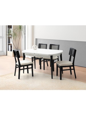 Viento Mobilya Kelebek Kaşıklıklı Beyaz Renk Açılır 140X80 Masa 4 Adet Lizbon Calve Kumaş Siyah Ahşap Iskelet Sandalye Masa Takımı
