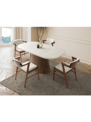 Viento Mobilya Masarte Traverten Desen Mdf Sabit 170X90 Masa 8 Adet Zeus Calve Kumaş Ahşap Tütün Ceviz Iskelet Sandalye Masa Takımı