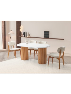 Viento Mobilya Stella Kar Beyaz Highgloss Renk Açılır 160X90 Masa 6 Adet Aras Calve Kumaş Naturel Iskelet Sandalye Masa Takımı
