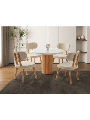 Viento Mobilya Orkide Yuvarlak Kar Beyaz Renk Highgloss Sabit 100X100 Masa 6 Adet Masal Calve Kumaş Naturel Ahşap Iskelet Sandalye Masa Takımı