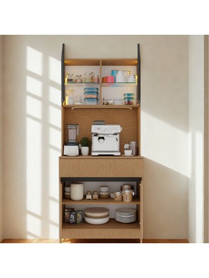 Sarıoğlu Mobilya Nordıc Wood Led’li Kahve Köşesi Ünitesi Mını | Kompakt Füme Cam Vitrin | Komple Mdf Modern Mutfak Dolabı