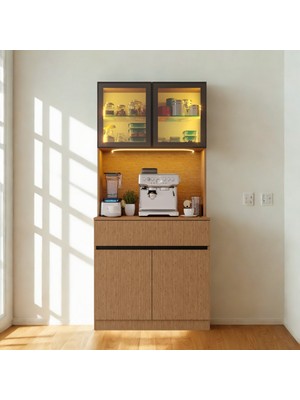 Sarıoğlu Mobilya Nordıc Wood Led’li Kahve Köşesi Ünitesi Mını | Kompakt Füme Cam Vitrin | Komple Mdf Modern Mutfak Dolabı