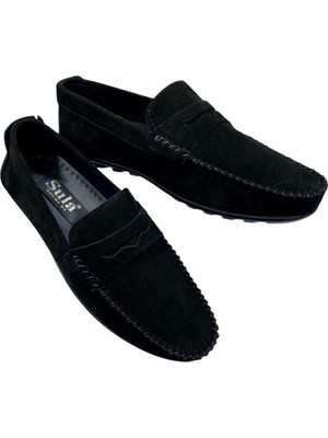 Sula Erkek Loafer Kuşaklı Deri Süet Siyah Içi Astarlı Poli  Taban Yazlık  AYAKKABI-601-1-SÜET