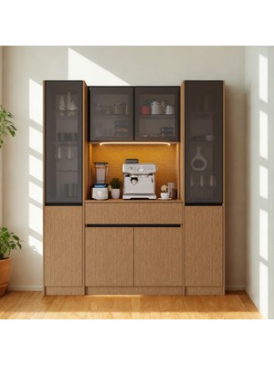Sarıoğlu Mobilya Nordıc Wood Led’li Kahve Köşesi Ünitesi Maxı | Çift Vitrinli Füme Cam | Komple Mdf Geniş Mutfak Dolabı