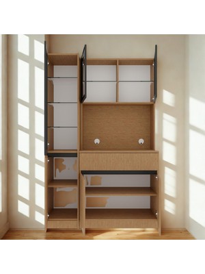 Sarıoğlu Mobilya Nordıc Wood Led’li Kahve Köşesi Ünitesi | Sol Vitrinli Füme Cam | Komple Mdf Modern Mutfak Dolabı