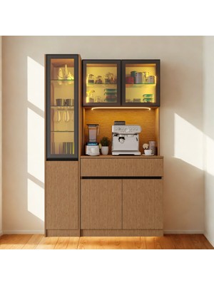 Sarıoğlu Mobilya Nordıc Wood Led’li Kahve Köşesi Ünitesi | Sol Vitrinli Füme Cam | Komple Mdf Modern Mutfak Dolabı